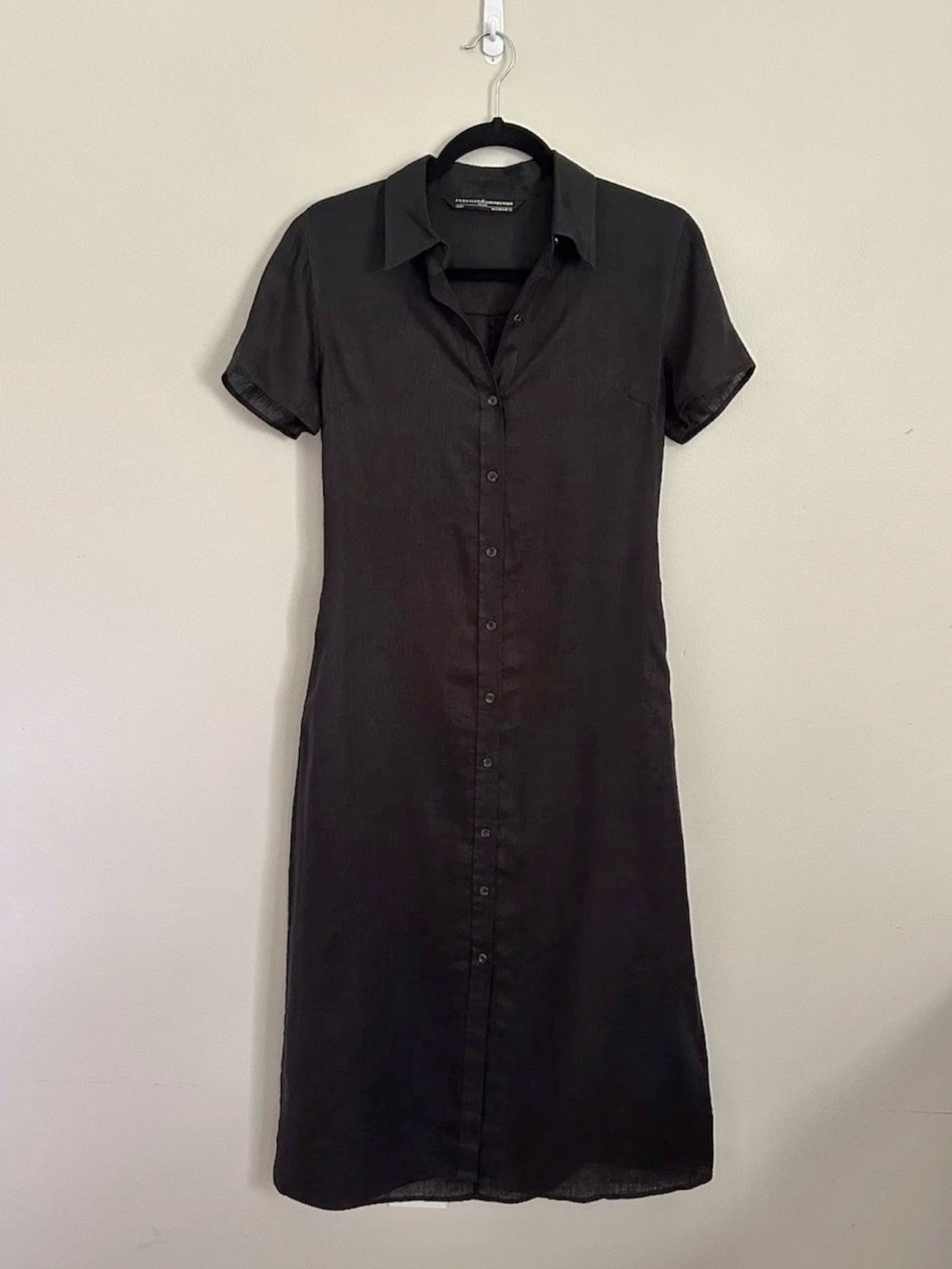 Peruvian Connection Black Linen Shirt Dress 2 Minimalist Button Front Midi Dress